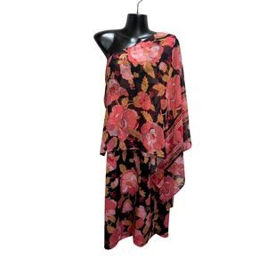 Eva Mendes NY & Co One Shoulder Shift Dress L Floral Scarf Sleeveless Black Pink